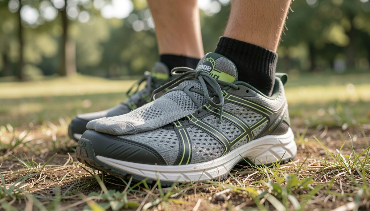Moderne Sportsocke mit Belüftungszonen auf Laufschuh zeigt, wie Klimazonen für trockene Füße sorgen.