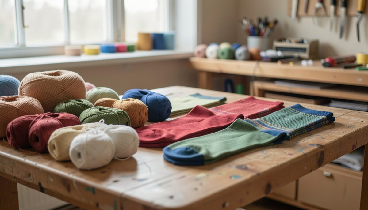 Verschiedene Garne und fertige Werbesocken auf einem Werktisch, illustrative Abbildung, mit KI erstellt