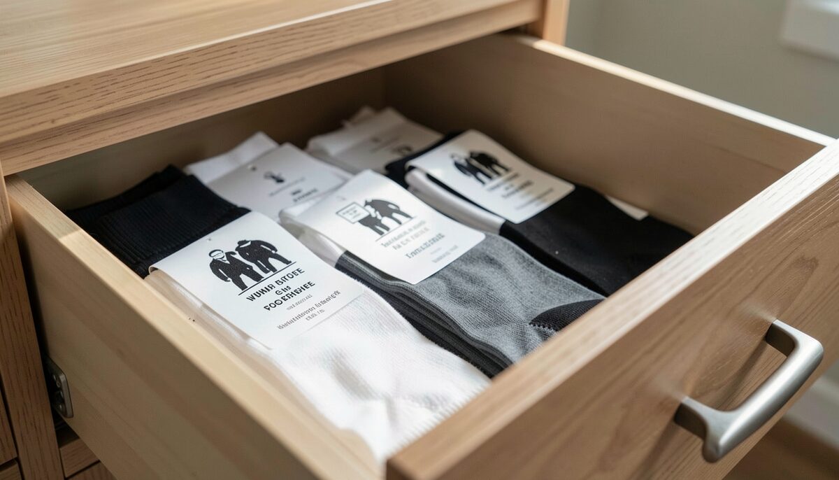 Gefaltete Werbesocken in einer offenen Schublade mit Pflegehinweis. Illustratives Bild, KI generiert.