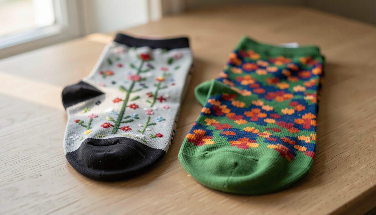 Stickerei und Druck im direkten Vergleich: zwei Firmensocken mit Logo nebeneinander.